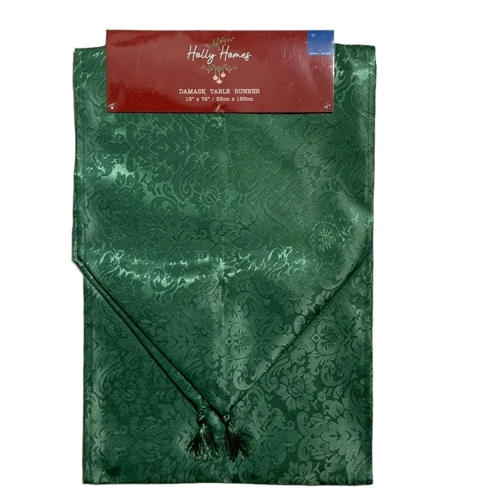 Holly Homes Table Runner Silky Holiday Christmas Green Damask 13 in x 72 in